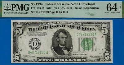 1934 $5 Federal Reserve Note PMG 64EPQ Cleveland Fr 1956-D - Image 1 of 2