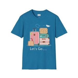 Travel-Themed Unisex T-Shirt Adventure Shirt Vacation Tee Let's Go Suitcase - Picture 1 of 13