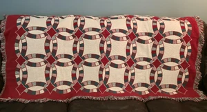 Vintage Double Wedding Rings Tapestry Reversible Fringed Throw Blanket 47 x 66 - Picture 1 of 7
