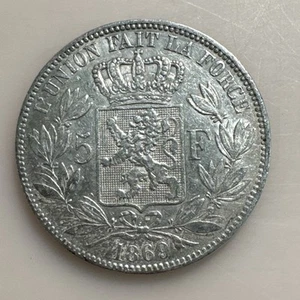 1869 Belgium Silver 5 Francs Leopold II - Picture 1 of 2