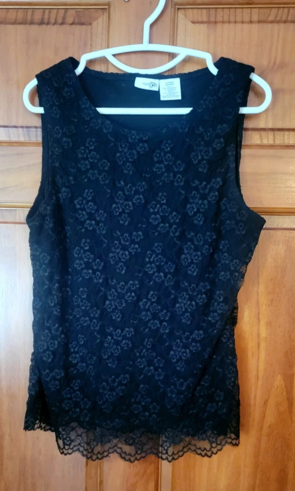 Top pulóver para mujer East 5th azul marino negro encaje sin mangas talla L Foto 1 de 2