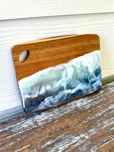 Ocean Waves Resin Wood Cutting Board Charcuterie Board with Handle Cheeseboard - Picture 1 of 5