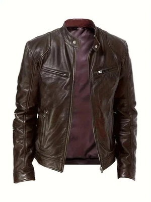 Jaqueta de couro genuíno masculina Cafe Racer pele de carneiro macia motocicleta marrom bicicleta. - Imagem 1 de 4