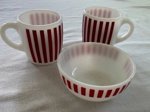 Hazel Atlas Milk Glass Red Candy Stripe Set 2 Mugs & Bowl - Picture 1 of 6