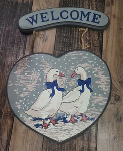 VINTAGE BLUE BOW GEESE GOOSE DECOR PLAQUE WALL HANGING WELCOME SIGN - Picture 1 of 5