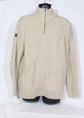 Superdry Mens Jumper Large Cream Aran Knit 1/4 Zip Wool-Blend Cable-Knit - Image 1 of 4