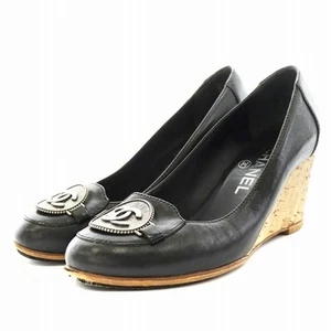 Chanel Coco Mark Wedge Pumps Black Leather Round Toe Size 37.5 G27725 Women - Picture 1 of 9