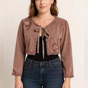 Chaqueta corta frontal con volantes boho de encaje de papel malva Cottagecore mediana - Imagen 1 de 6