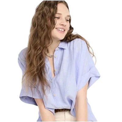 J Crew Shirt Women XL Blue Relaxed Fit Linen Short Sleeve Button Down Preppy - Image 1 of 4