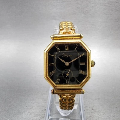 Longines Watch Women 24mm Black Dial Gold Plated Manual Wind Runs Octagon VTG - Image 1 of 4