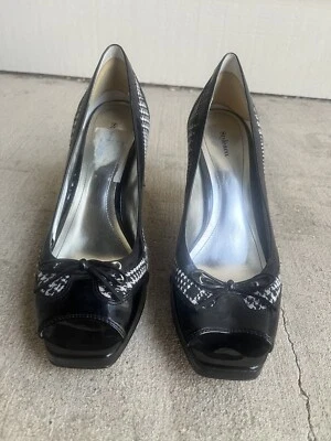 STYLE & CO 复古黑白千鸟格露趾锥形高跟鞋女式 9M 码 — 第 1/4 张图片