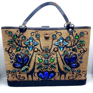 Borsa vintage Enid Collins pavan fagiano pavone gioielli blu base legno secchiello - Foto 1 di 19