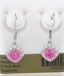 GENUINE 2.10 Cts PINK & WHITE SAPPHIRE DANGLE EARRING 10K WHITE GOLD - NWT - Picture 1 of 6