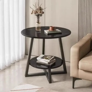 2-Tier Coffee Table Side Table White Marble Effect End Table Living Room Round - Picture 1 of 18