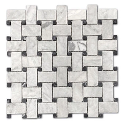 C651XT NonSlip Carrara Venato Marble Basketweave Mosaic Tile Black Dot Tumble - Image 1 of 4