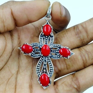 925 Sterling Silver Natural Red Coral Gemstone Handmade Jewelry Cross Pendant - Picture 1 of 4