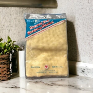 Vintage Thermal Knit Yellow receiving Blanket NEW 30x40” 100% Cotton - Picture 1 of 5