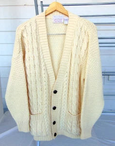 Heather & Tweed Fishermans Cable Knit Wool Button Large Cardigan Sweater - Picture 1 of 4