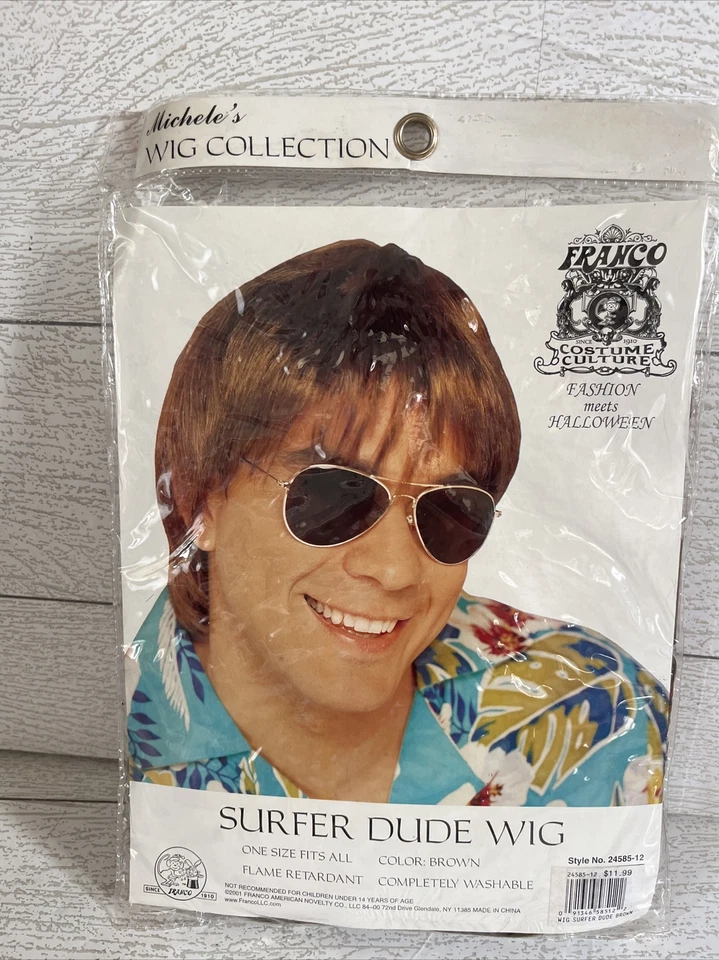 Peluca de colección 2001 Franco Brown Hair Surfer Dude Disfraz de Halloween Peluca de Michele’s Foto 1 de 4