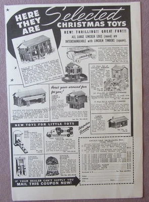 1939 Print Ad Lincoln Logs CHRISTMAS Toys Trailor Truck Blocks Pump-A-Ball Wagon - Image 1 of 3