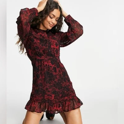 Мини-платье Topshop с длинным рукавом с красным и черным цветочным принтом размер 6 миниатюрное - Изображение 1 из 4