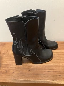 Harley Davidson Sz 9 Black Leather Scorch Flame Block Heel Biker Boots Womens - Picture 1 of 16