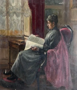Antikes Ölgemälde Leinwand signiert Frau Portrait Lesung - Bild 1 von 8