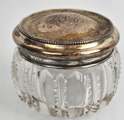 Antique Sterling Silver & Cut Crystal Glass Dresser Jar Lidded Beaded Rogers Son - Image 1 of 4