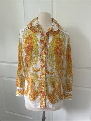 Increíble Camisa Vintage Años 60 VERA NEUMANN Amarillo Naranja Paisley Etiquetada 16 44"B Foto 1 de 4