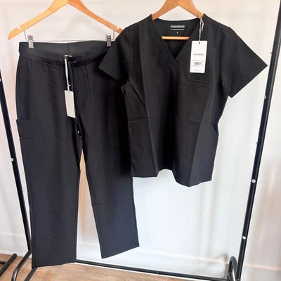 Mandala Black V-Neck Scrub Pocket Top (S) & High Waist Cargo Pants (M) Set NWT - Image 1 of 4
