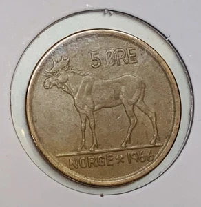 1966 Norway 5 Ore Coin – KM#405 – Olav V Bronze Moose Design – Scandinavian Coin - Picture 1 of 4
