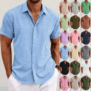 Mens Shirts Cotton Linen Casual Short Sleeve Button Down Shirt Blouse Lapel Tops - Picture 1 of 23