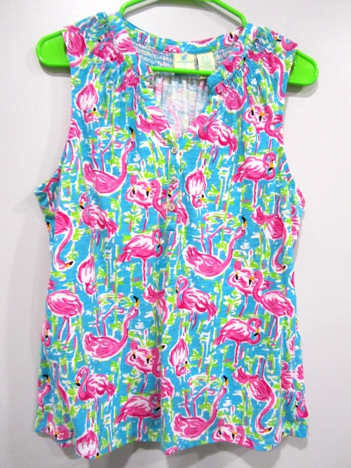 CARIBBEAN JOE верхняя рубашка бак PXL 14P бюст 42 длины 25 синий розовый фламинго V-nec - Изображение 1 из 1
