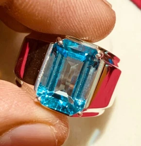 Natural Blue Topaz Gemstone with 14K White Gold Plated Silver Ring for Men AJ511 - Picture 1 of 14