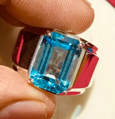 Natural Blue Topaz Gemstone with 14K White Gold Plated Silver Ring for Men AJ511 - Image 1 of 4