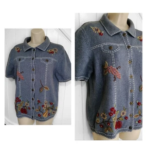 Alfred Dunner Collared Cardigan Floral Fruit Embroidered Blue Small Cotton Blend - Picture 1 of 8