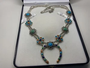 CAROLYN POLLACK 925 STERLING MULTICOLOR GEMSTONE SQUASH BLOSSOM NAJA NECKLACE - Picture 1 of 7