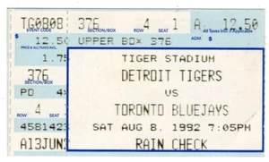 Boleto Lou Whitaker 8 de agosto 1992 Toronto Blue Jays @ Detroit Tigers - Imagen 1 de 2