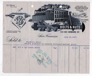 Graphic 1917 Billhead Payne's Bolt Works San Francisco CA Bolts & Nuts - Picture 1 of 1