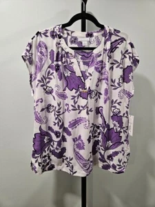 LIZ CLAIBORNE Purple Floral Cap Sleeve Women's Blouse L NWT Travel Vacay Beach - Picture 1 of 9
