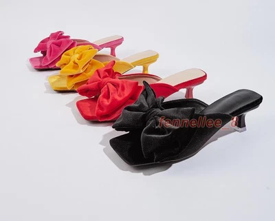 Womens Summer Peep Toe Bowknot Slippers Kitten Mid Heels Party Mules Sandals - Image 1 of 4