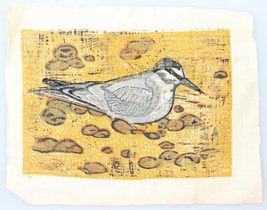 Vintage Siebdruck Leinen Textil MEERVOGEL AM STRAND um 1970 - Bild 1 von 5