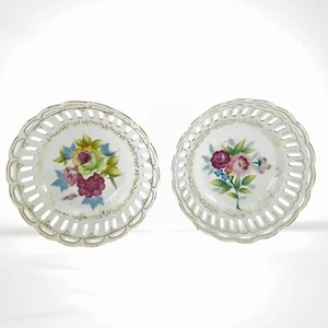 Bread Fruit Candy Serving Bowl Dish Floral Hand Painted Lattice Gold_Set of 2 - Picture 1 of 23