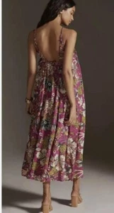 New ANTHROPOLOGIE Birds Floral Slip Dress Maxi Strappy Purple Large Petite LP - Picture 1 of 12