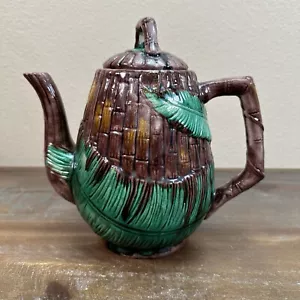 Vintage English Majolica Coffee Pot Bamboo With Leaves Stamped With Crescent - Picture 1 of 20