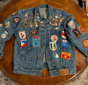 Blue Jean Retro Denim Jacket with Tons Of Pins And Patches From Around The... - Picture 1 of 17