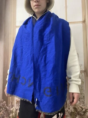 Givenchy Logo Printed Marine Blue Virgin Wool Scarf Wraps - Image 1 of 4