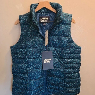 Chaleco acolchado Lands End para mujer verde azulado geométrico cremallera completa ligero aislante L Foto 1 de 4