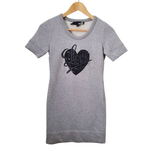 Love Moschino Abito Felpa Grigio S Foderato in Pile Logo Cuore Paillettes Y2K