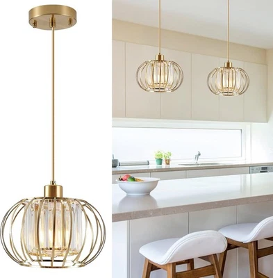Gold Pendant Light Fixture Modern Crystal metal cage globe round brass - Image 1 of 4